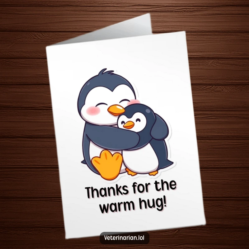 Funny Free Printable Thank You Card: A happy penguin giving a tight hug to a slightly unsteady stuffed penguin, sending thanks.