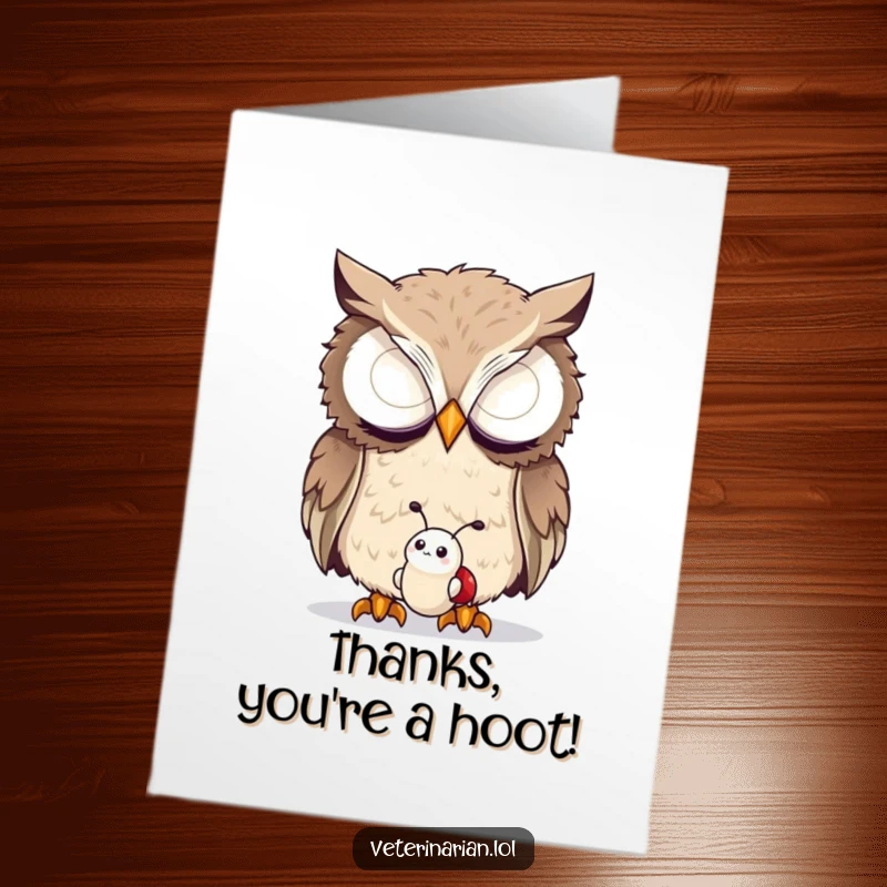 Funny Free Printable Thank You Card: A curious owl with wide eyes gently examining a small, happy bug.