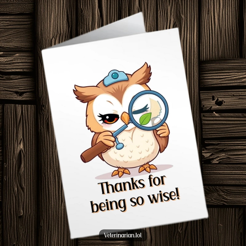 Funny Free Printable Thank You Card: Curious owl vet uses magnifying glass on a tiny leaf, a detail-oriented thank you.