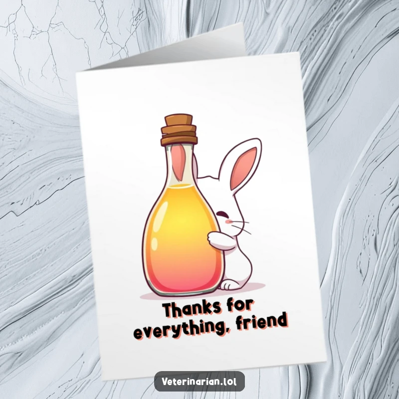 Funny Free Printable Thank You Card: A timid rabbit peeks out from behind a large bottle of vibrant liquid, offering thanks with shy sweetness.