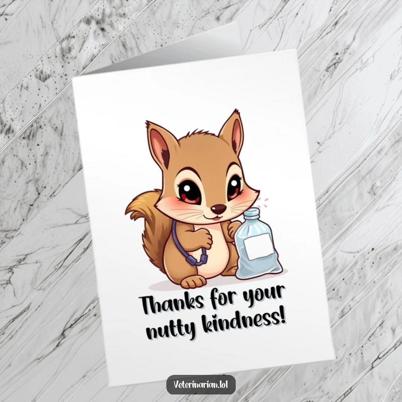 Funny Free Printable Thank You Card: Curious squirrel vet peering into medicine bag with knowing eyes, a thoughtful thank you.