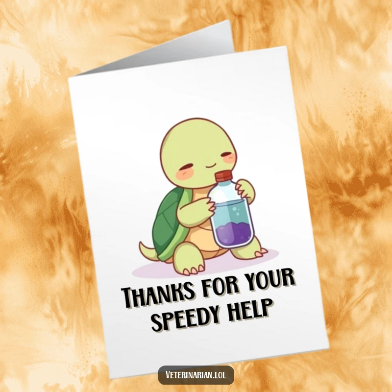 Funny Free Printable Thank You Card: Calm turtle with a potion bottle, offering a heartfelt thank you with a nudge.