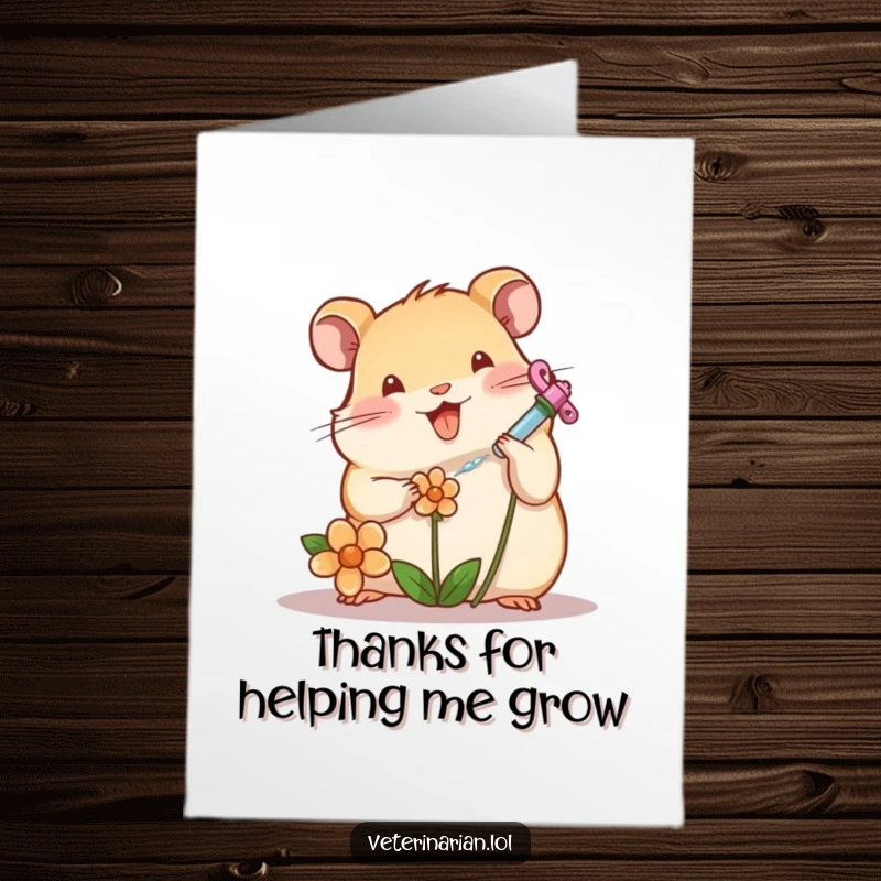 Funny Free Printable Thank You Card: A cheerful hamster character carefully administering aid to a wilting flower with a tiny syringe.