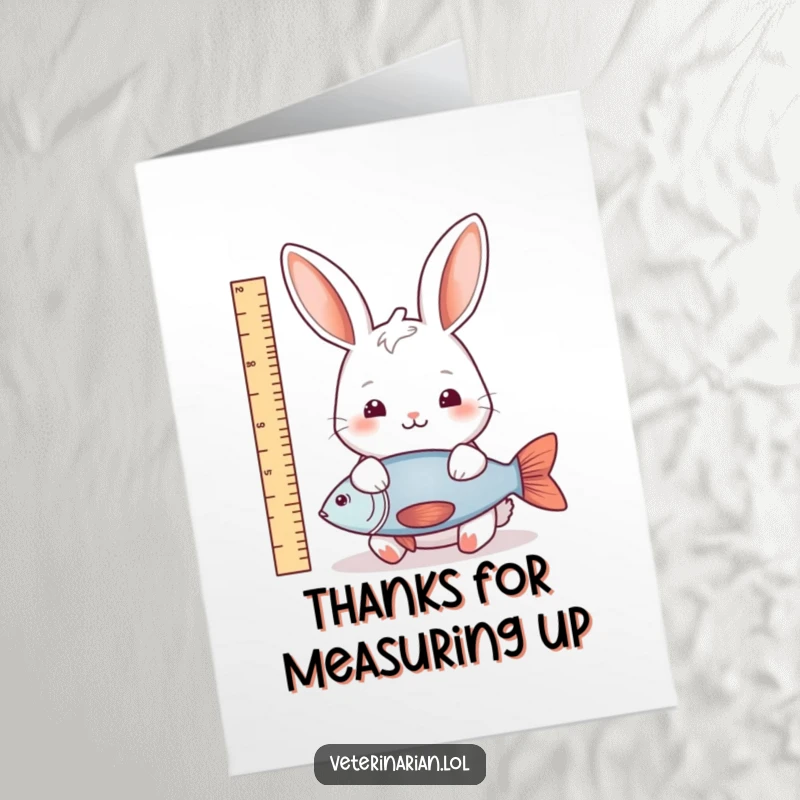 Funny Free Printable Rabbit Thank You Card: A rabbit measuring a fish, conveying heartfelt thanks.
