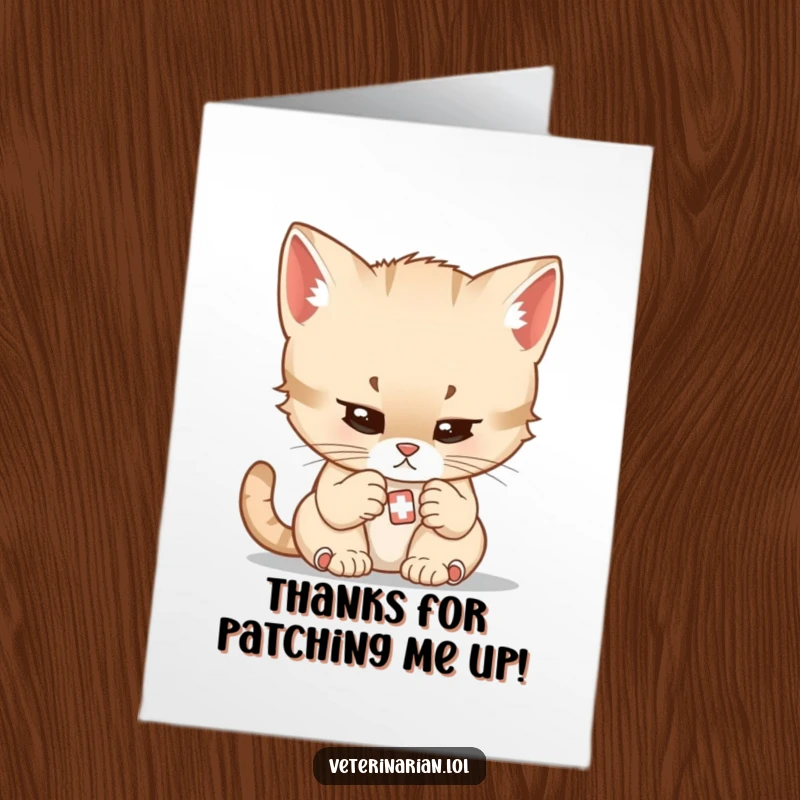 Funny Free Printable Thank You Card: A focused kitten with gentle determination examines a tiny bandage, humorously conveying thanks.