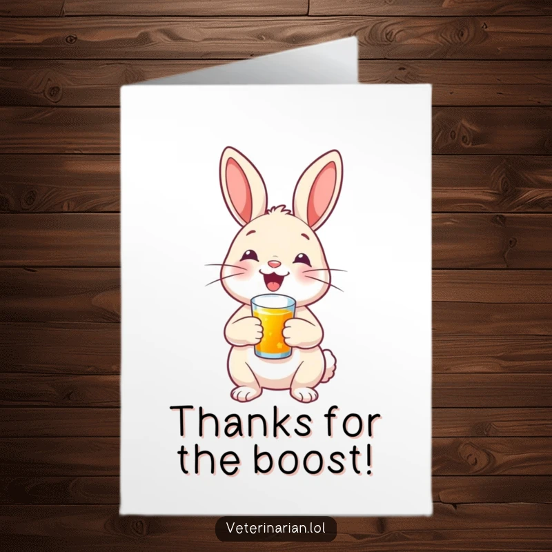 Funny free printable thank you card: A happy bunny doctor proudly administering a small injection.