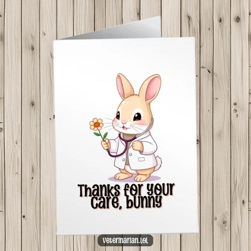 Funny Free Printable Bunny Thank You Card: A cute bunny vet in a white coat tenderly examines a flower with a stethoscope.