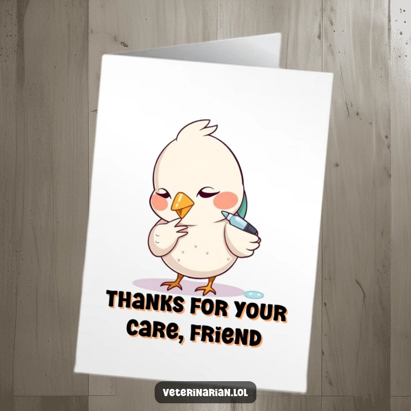 Funny Free Printable Thank You Card: A diligent bird carefully uses a tiny dropper, expressing thanks with focused attention.