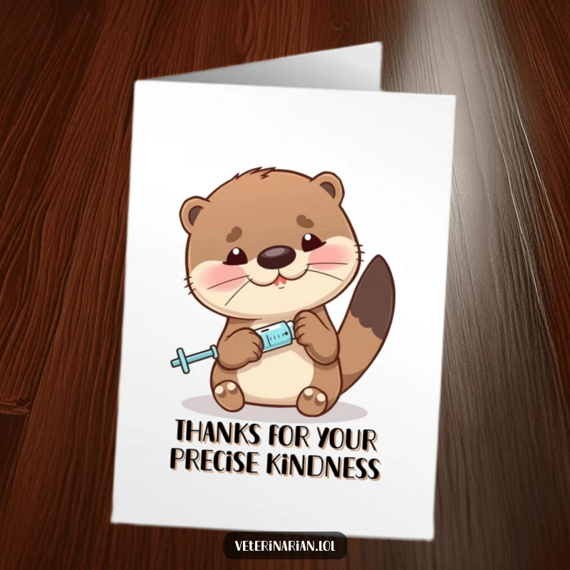 Funny Free Printable Thank You Card: A sweet otter carefully measuring liquid into a tiny syringe as a gesture of thanks.
