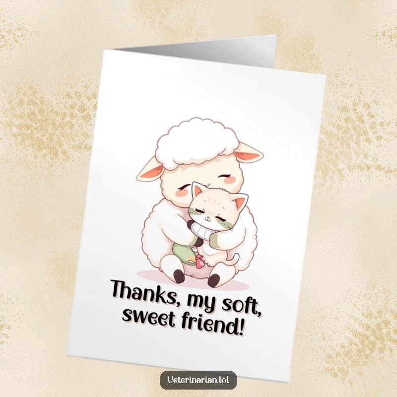 Free Printable Thank You Card: A fluffy sheep cuddles a tiny, bandaged kitten with affection, expressing thanks with gentle care.