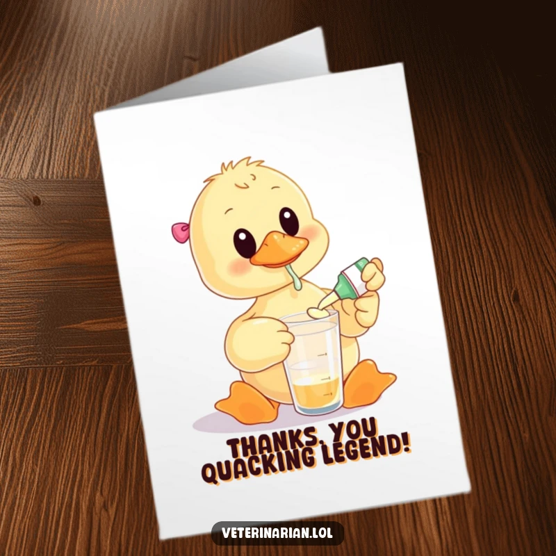 Funny Free Printable Thank You Card: A duck doctor carefully measures medicine into a tiny cup, saying thanks with a side of humor.