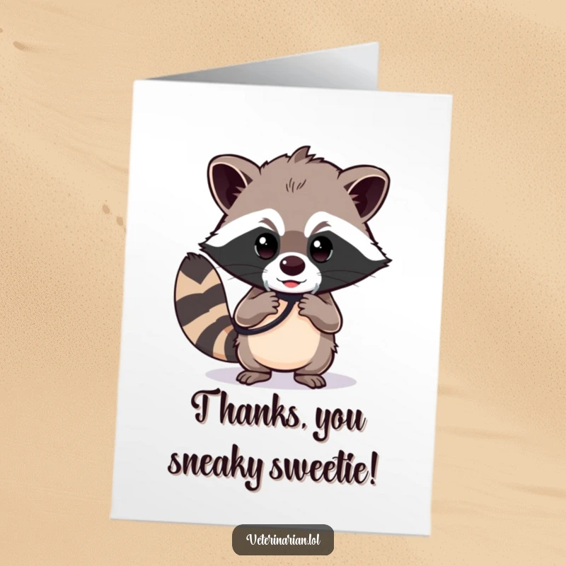 Funny Free Printable Thank You Card: A determined raccoon polishes a stethoscope with a focused gaze, saying thanks with a funny twist.