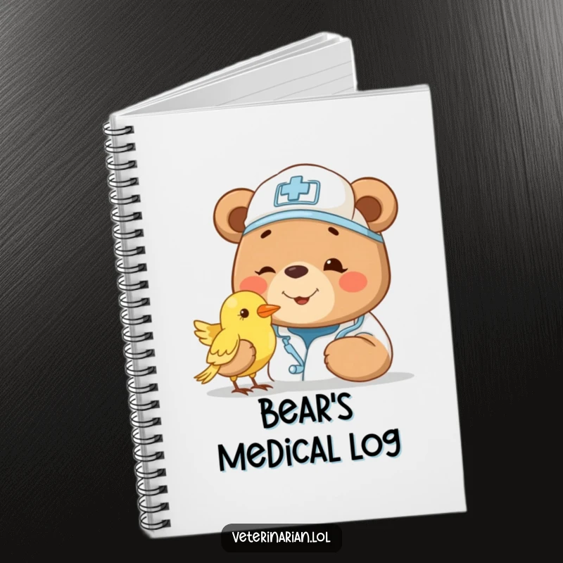 Funny bear vet notebook cover, featuring a smiling bear doctor with a cap, gently examining a small bird. Inspires kind notes.