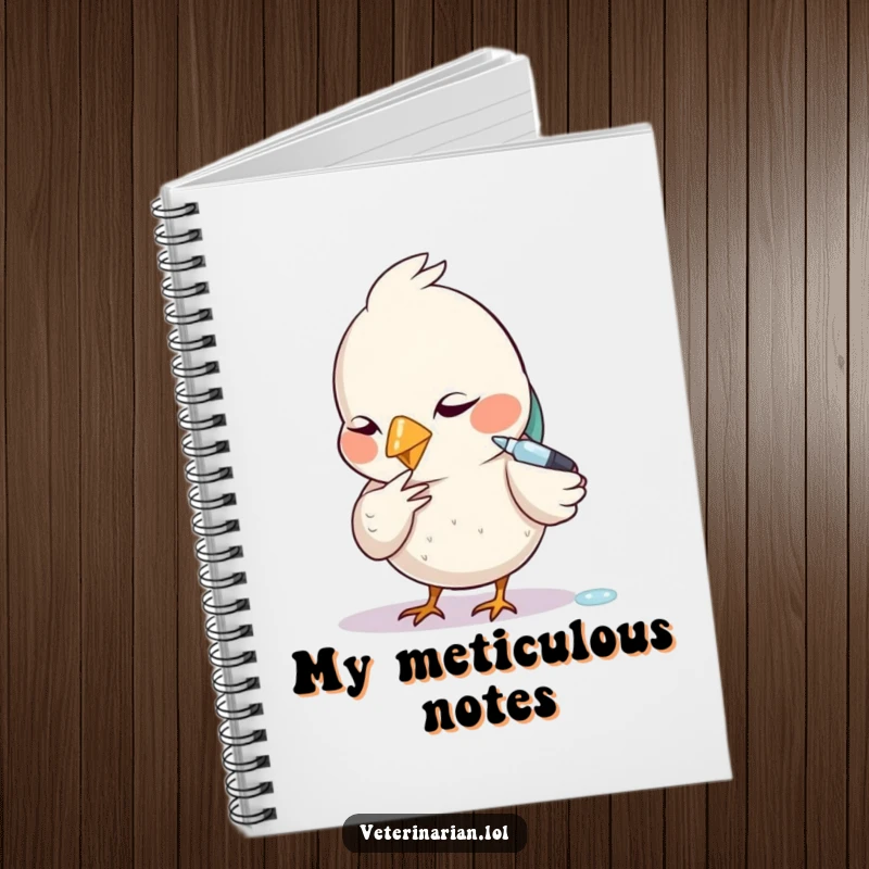 Funny notebook cover featuring a diligent bird carefully using a tiny dropper with focused attention.