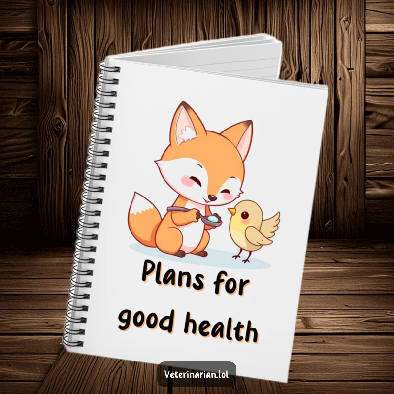 Funny fox character offering medicine to a tiny bird on a notebook cover, ideal funny gift.