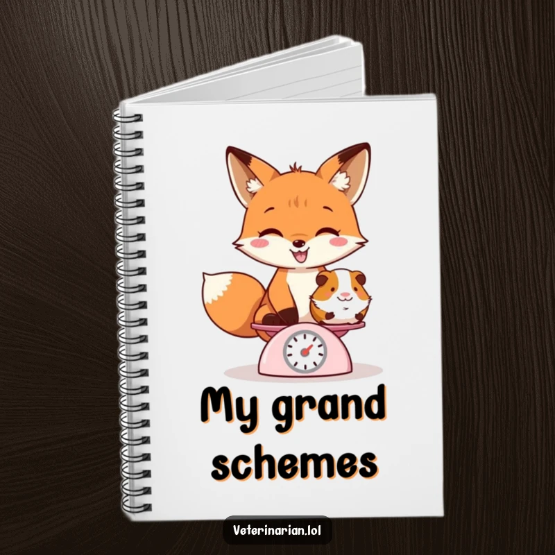 Funny notebook cover with a playful fox weighing a guinea pig on a tiny scale, designed for jotting fun ideas.