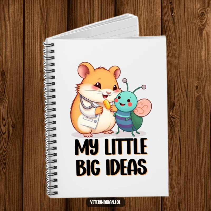 Funny notebook cover with a happy hamster vet giving a vitamin pill to a toy bug, designed for jotting down cute and funny notes.
