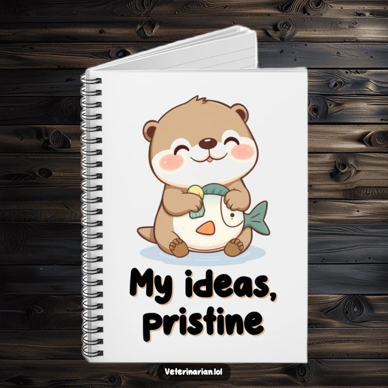 Funny notebook with a joyful otter character cleaning a toy fish with a sponge, ideal for jotting down notes humorously.