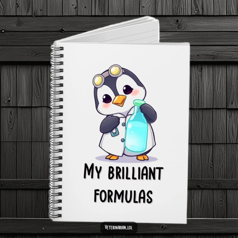Funny notebook with a playful penguin in a medical coat curiously poking a glowing vial, ideal for notes and scientific thoughts.