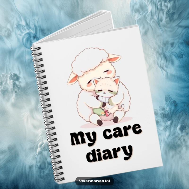 Funny sheep kitten notebook, a fluffy sheep cuddling a tiny, bandaged kitten with affection, great for journaling.