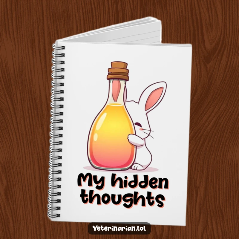 Funny notebook design with a shy rabbit peeking from a colorful liquid bottle, ideal for capturing ideas with whimsical and mysterious flair.