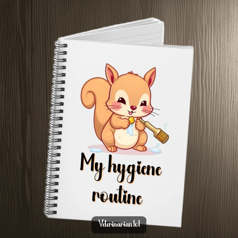 Funny squirrel notebook showing a character diligently scrubbing paws, perfect for notes and hygiene humor.