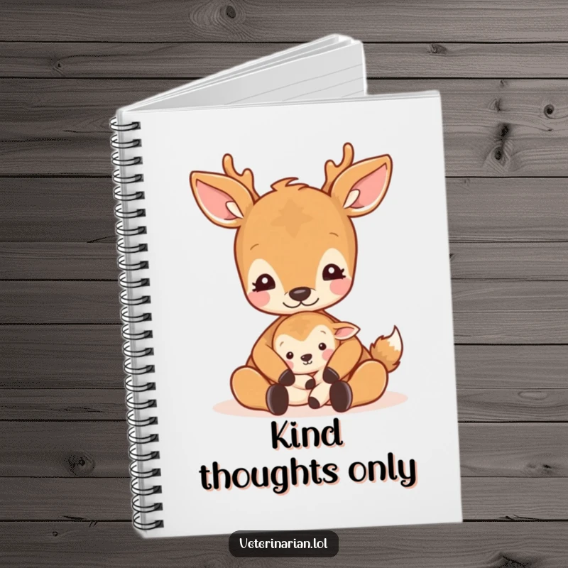 Funny gentle deer notebook depicting a deer cradling a small animal with a soothing pat and a calm expression.