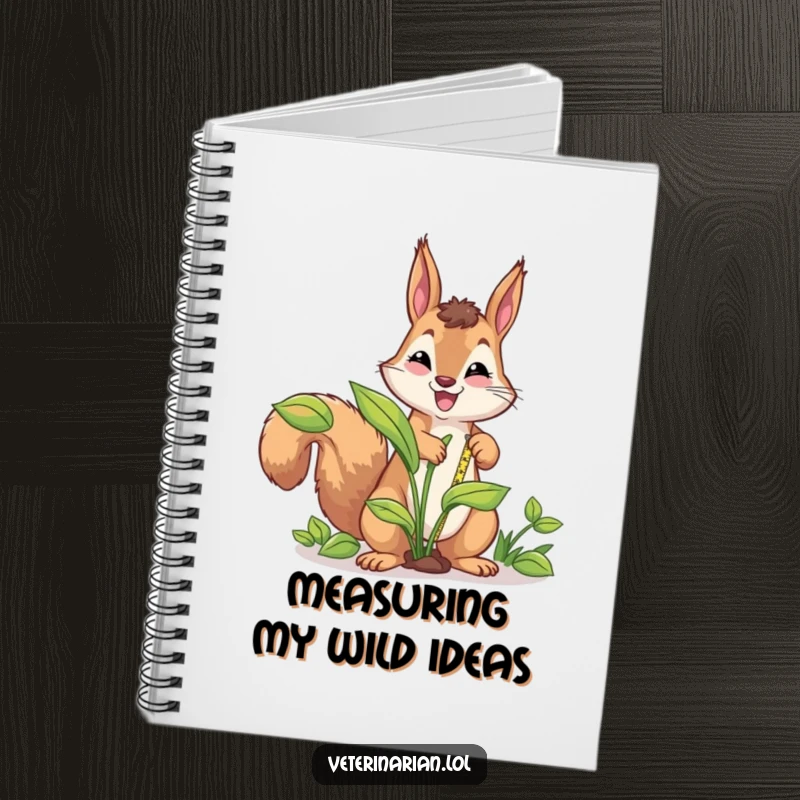 Funny energetic squirrel notebook, a squirrel measures a large plant with a tape measure, perfect for capturing detailed and humorous notes.