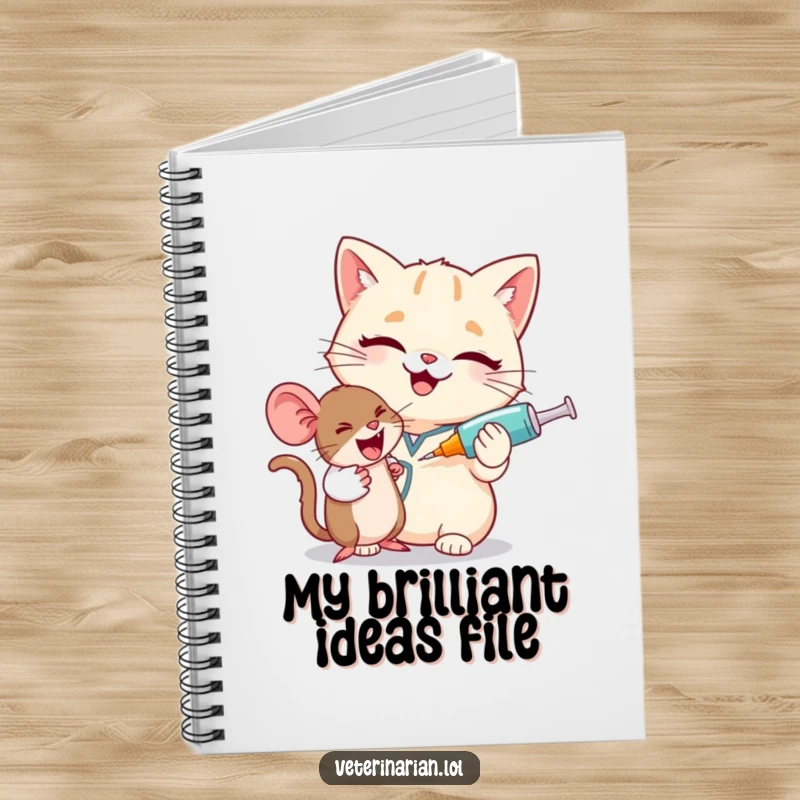 Funny cat vet notebook, a giggling cat vet winks, humorously holding a large syringe for a tiny mouse.