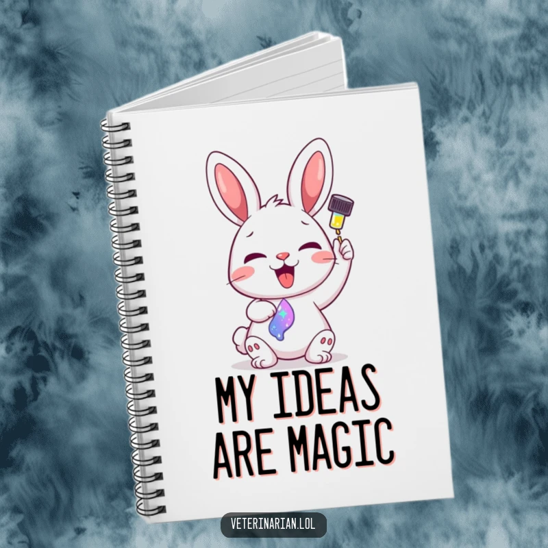 Funny notebook cover featuring a delighted cartoon bunny administering a colorful, sparkling liquid from a dropper.