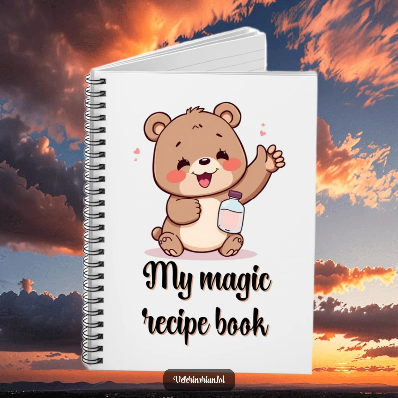 Funny notebook featuring a delighted bear looking relieved while holding a small potion bottle, ideal for jotting down funny thoughts.