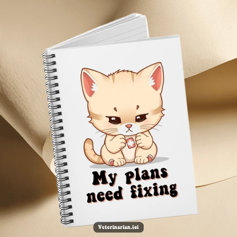 Funny notebook cover featuring a determined cartoon kitten doctor examining a very small bandage with gentle focus.