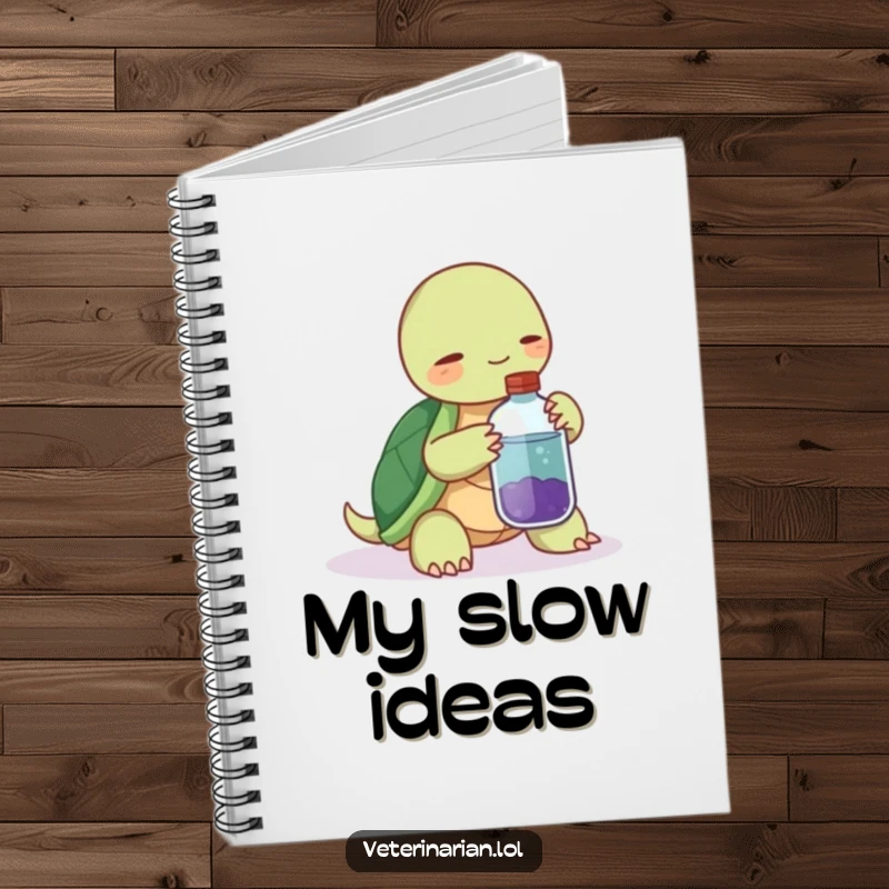 Funny notebook featuring a tranquil turtle holding a potion bottle, offering it with a gentle, encouraging nudge.