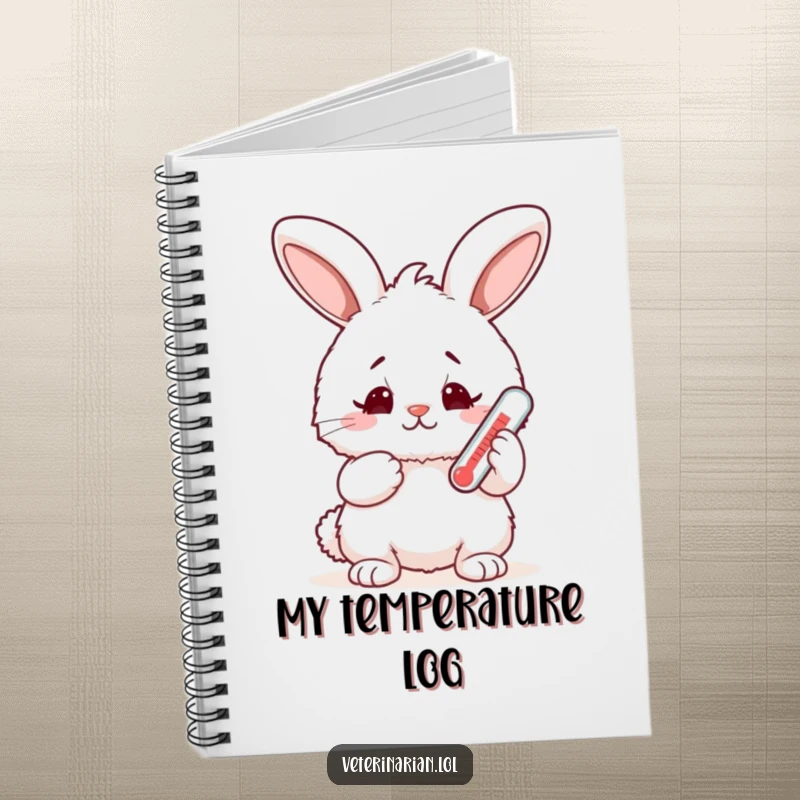 Funny fluffy bunny notebook, a rabbit holds a thermometer with a worried but happy face, perfect for capturing sweet and humorous thoughts.