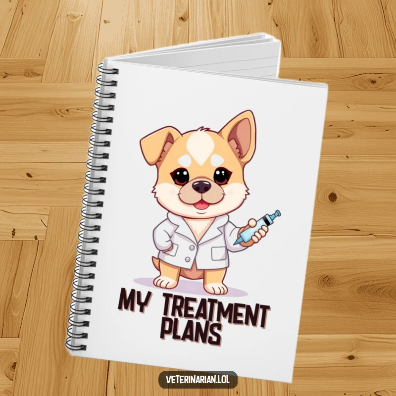 Funny brave dog vet notebook depicting a dog in a white coat holding a syringe with a determined look.