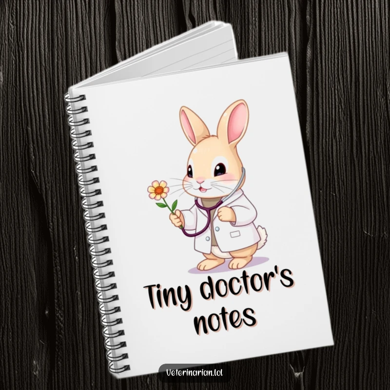 Funny bunny vet notebook cover, featuring a cute doctor bunny with stethoscope examining a flower. Inspires gentle notes.