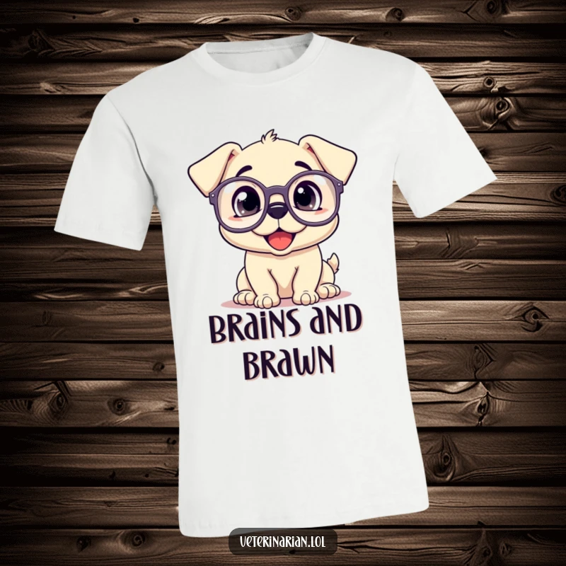 Funny t-shirt with a happy puppy wearing oversized prescription glasses, looking up with a curious expression.