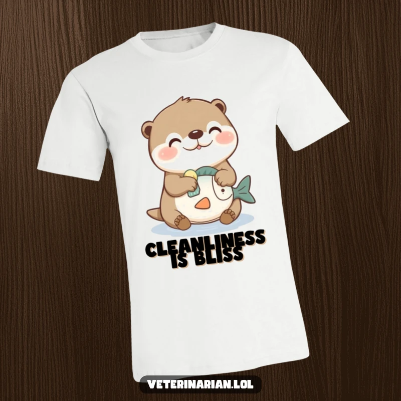 Funny t-shirt featuring a joyful otter character diligently cleaning a toy fish with a small sponge, emphasizing its whimsical nature.