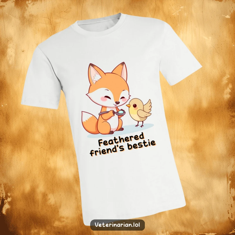Funny playful fox offering a spoonful of medicine to a tiny bird on a t-shirt, great funny gift.
