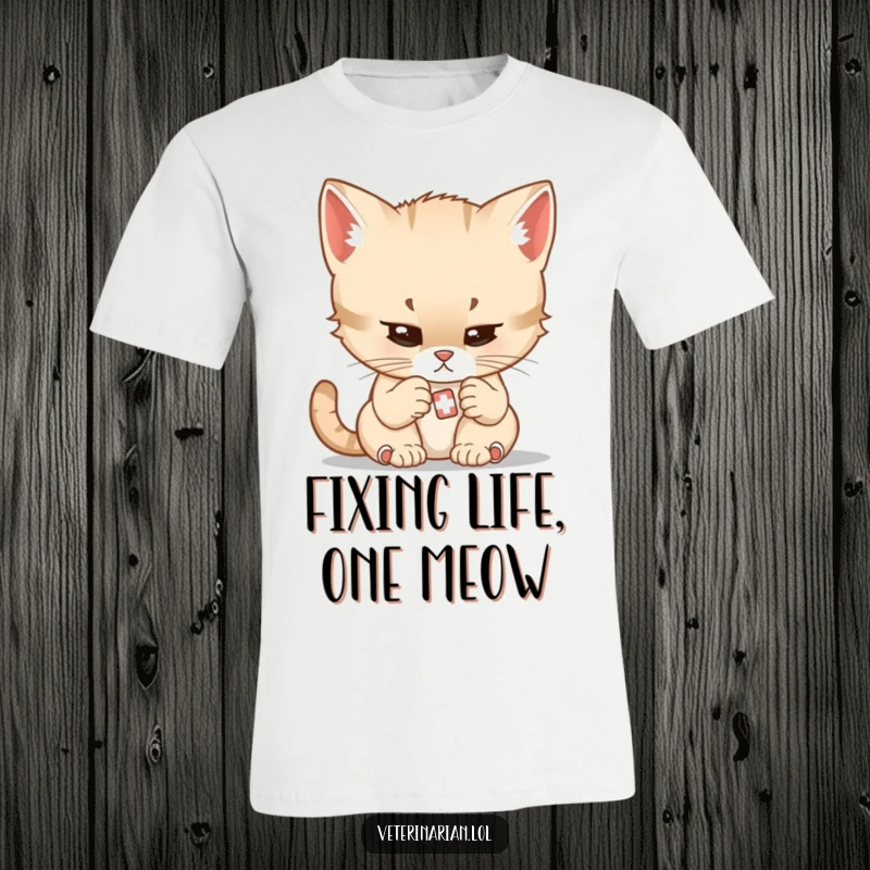 Funny t-shirt featuring a meticulous cartoon kitten doctor focused on applying a very small bandage.