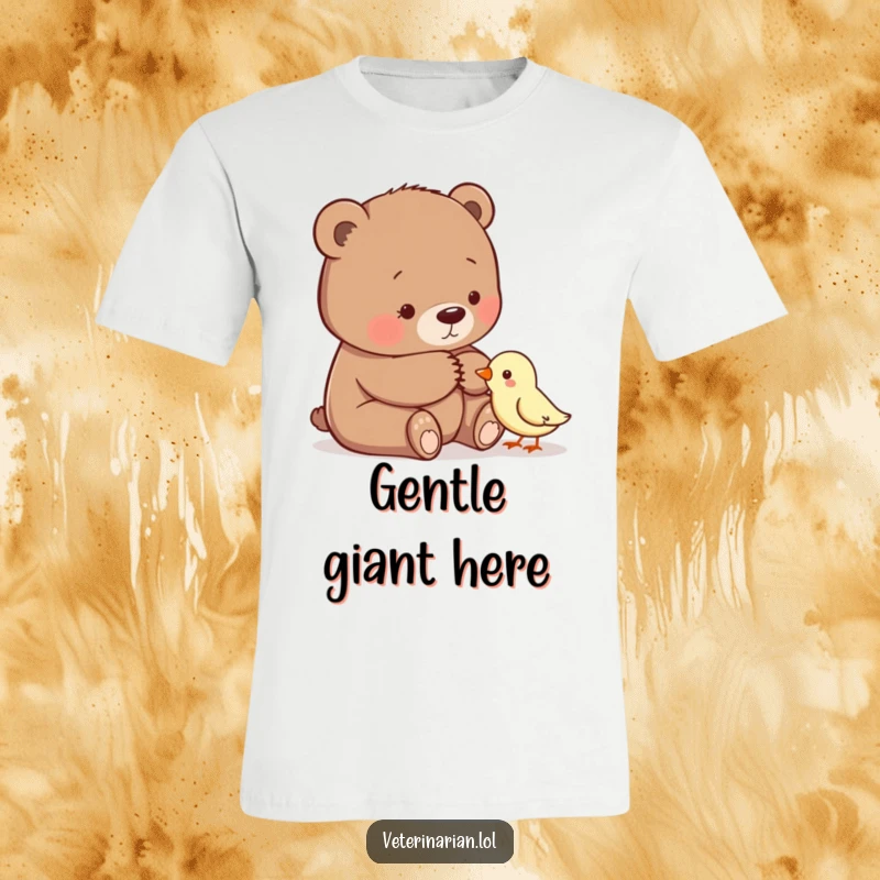 Funny t-shirt showing a gentle bear giving a comforting pat to a timid bird, symbolizing tenderness and support.