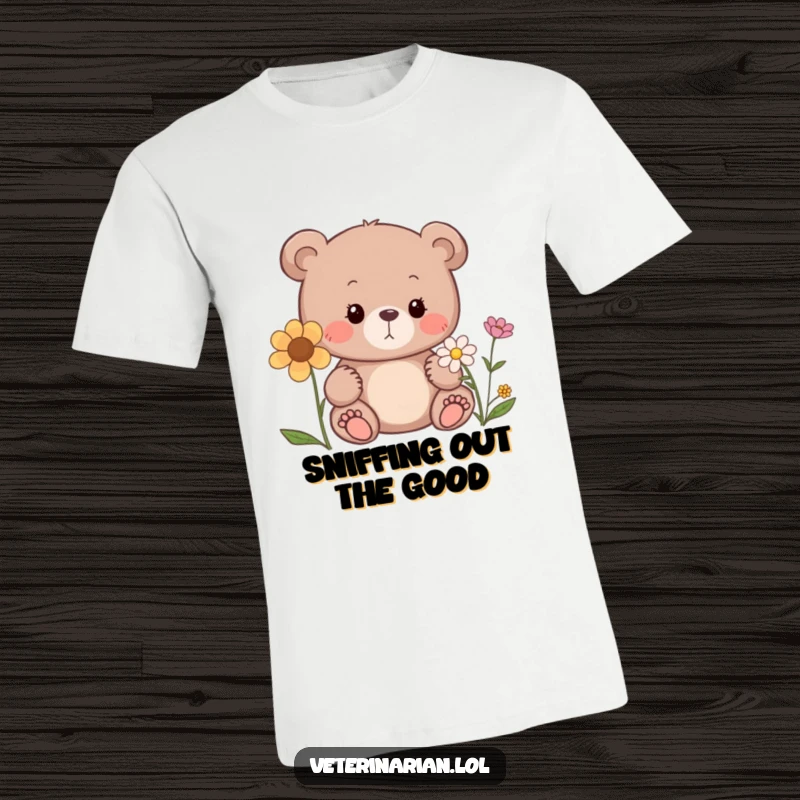 Funny bear t-shirt, a curious bear sniffing a flower with a gentle expression, capturing innocent exploration.