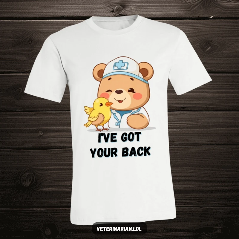 Funny bear vet t-shirt, smiling and wearing a cap, gently examining a small bird with a kind, attentive eye. Adorable design.