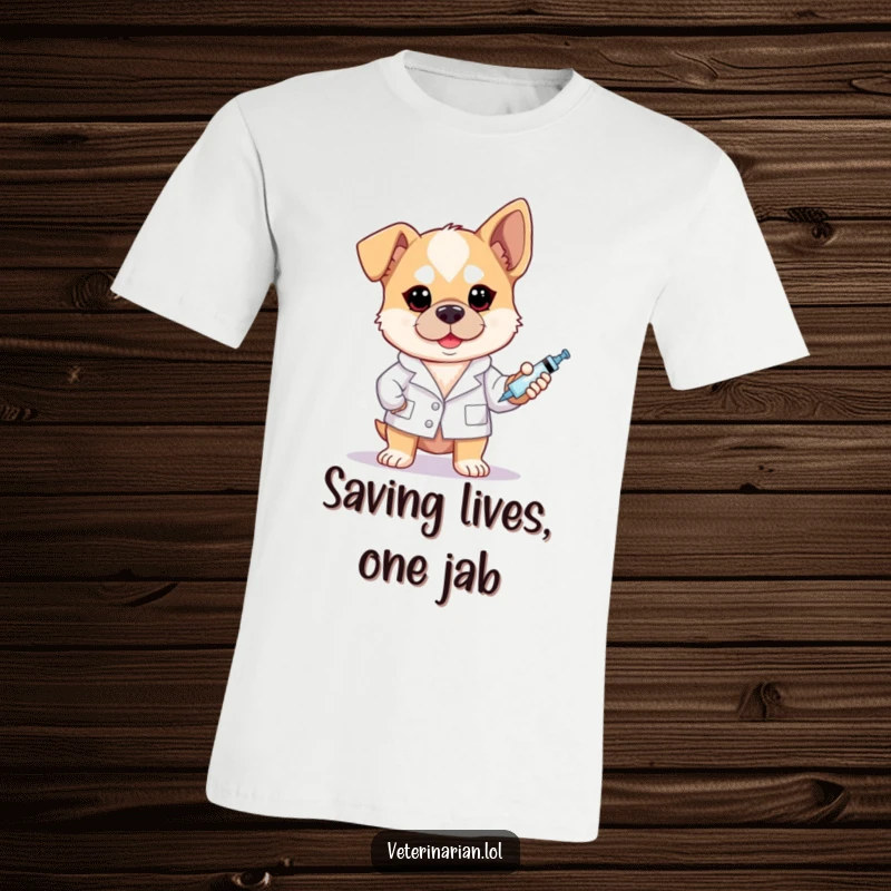 Funny brave dog vet t-shirt depicting a dog in a white coat holding a syringe with a determined, heroic look.