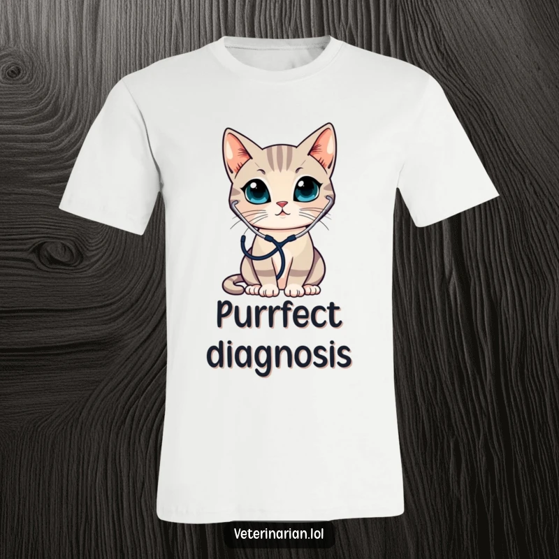 Funny t-shirt depicting a sleek cat wearing a stethoscope, attentively listening, perfect for cat lovers and medical professionals.