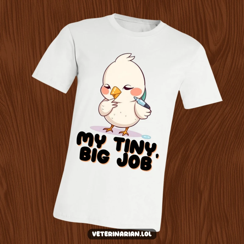 Funny t-shirt featuring a diligent bird carefully using a tiny dropper with intense focus.