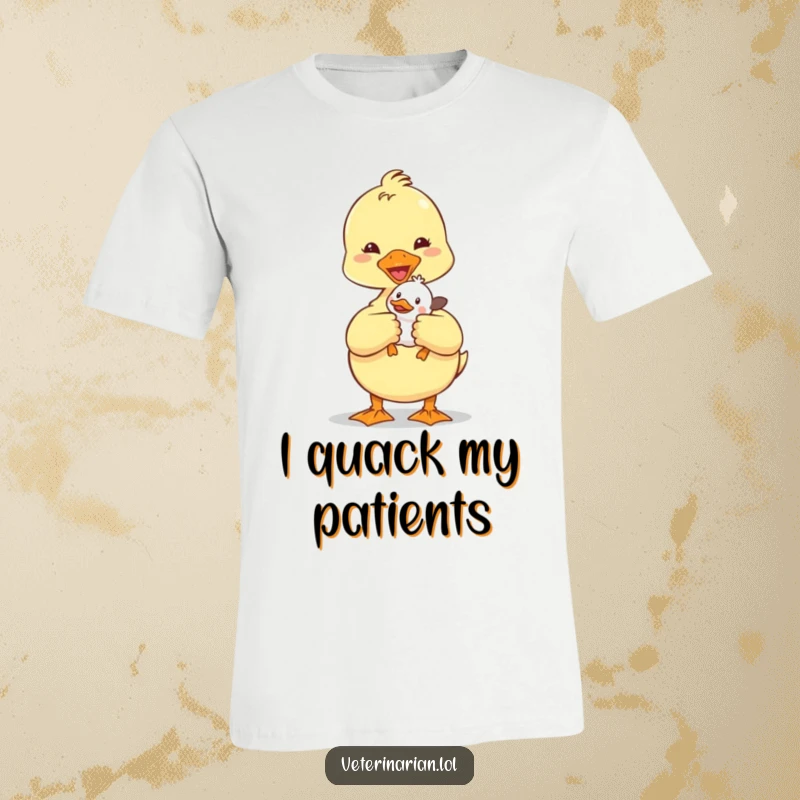 Funny Duckling Vet T-Shirt: A charming duckling dressed as a vet gleefully holds a small patient, radiating warmth and care.