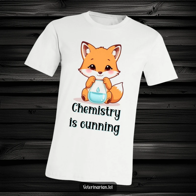 Funny t-shirt graphic of a playful fox diligently measuring a tiny droplet into a beaker, showcasing a humorous laboratory scene.