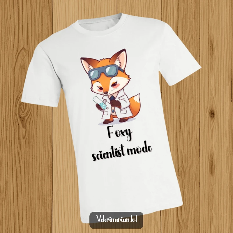 Funny t-shirt with a fox in a lab coat carefully examining a tiny, sparkling test tube.