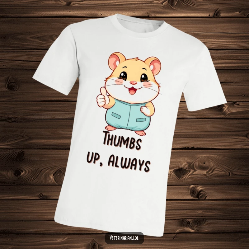 Funny t-shirt depicting a smiling hamster in tiny scrubs giving a cheerful thumbs-up, perfect for healthcare appreciation.
